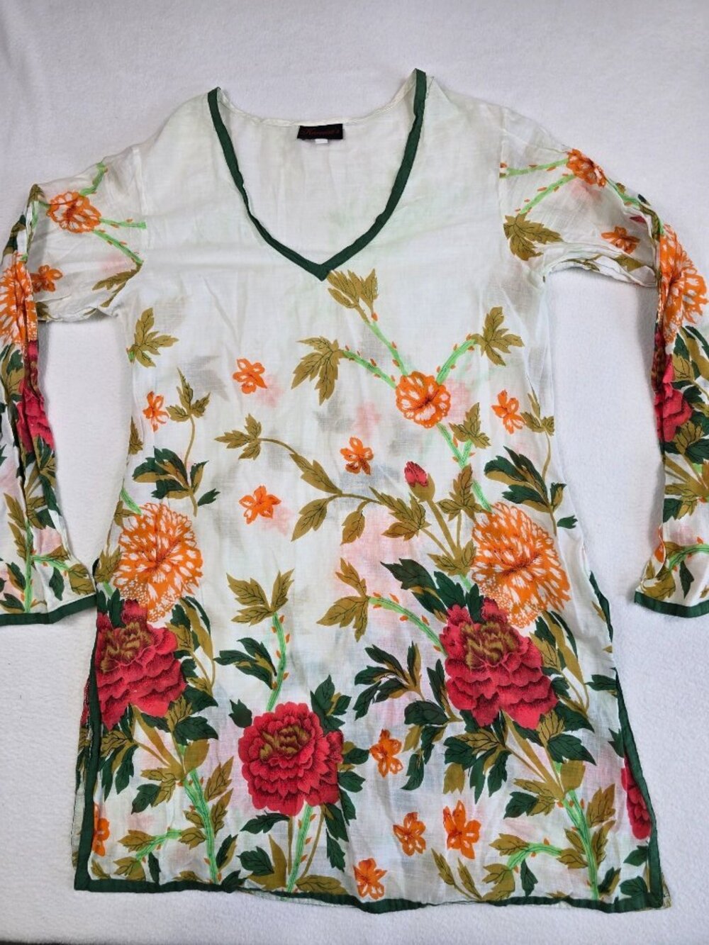 Floral Print Long Sleeve V Neck Tunic Top By Kareenas 100% Cotton India
